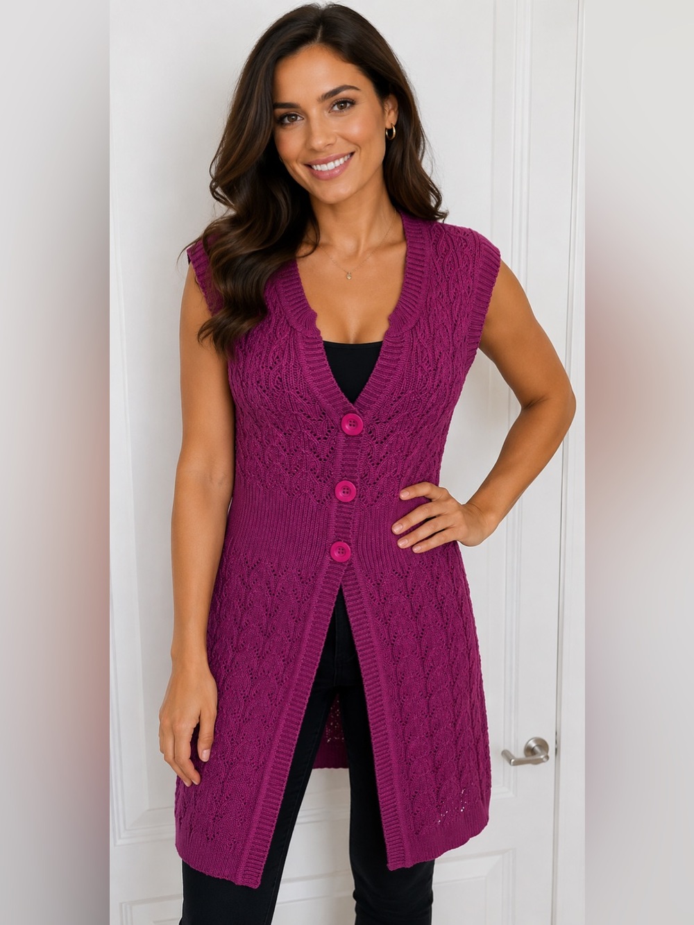 NWT Sleeveless Knit Button-Front Long Vest in Magenta